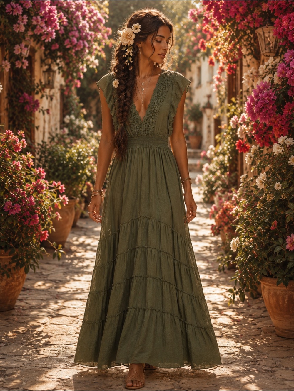 Olive Green V-Neck Lace Maxi Dress
